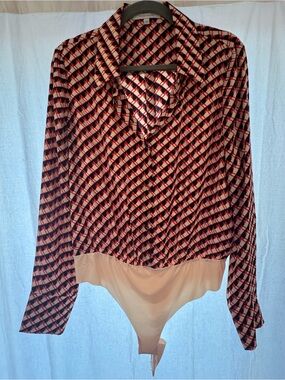 Favorite Daughter Red and Black Geometric Button-Down Bodysuit Shirt